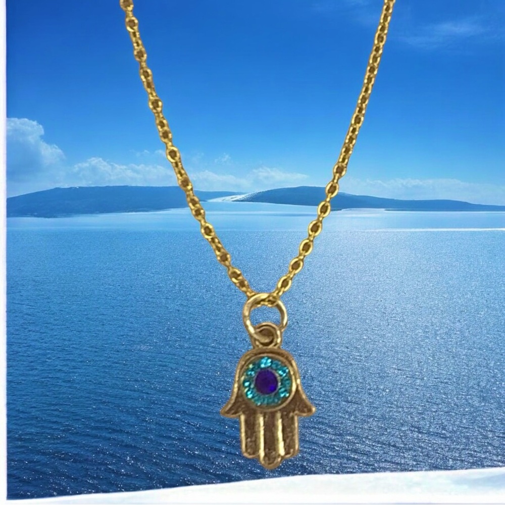 Blue Enamel, Crystal, & Gold Hamsa Evil Eye Necklace - Picture 3 of 3